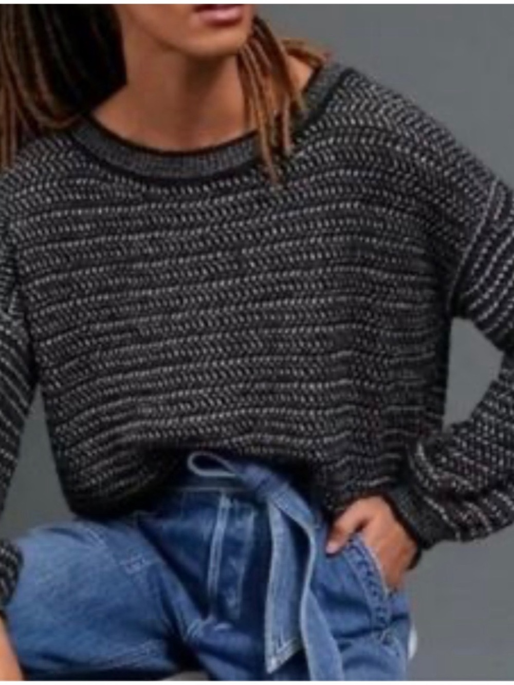 Anthropologie Women’s Sz XS Black White Balloon Sleeve Sweater Cozy Knit
